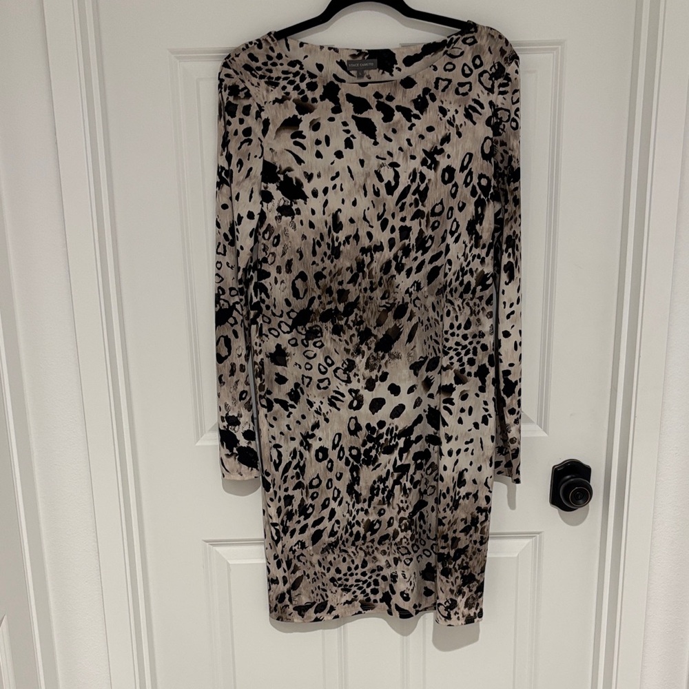 Vince Camuto Black and Cream Animal Print Long Sleeve Dress